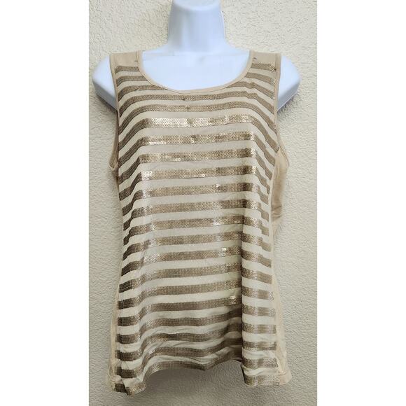 Chico's New Khaki Stella Striped Sequin Tank Top 2 Large New With Tags Stretch - Picture 1 of 5